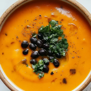 Bowl of roasted sweet potato and black bean soup topped with cilantro
