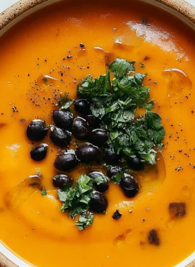 Bowl of roasted sweet potato and black bean soup topped with cilantro