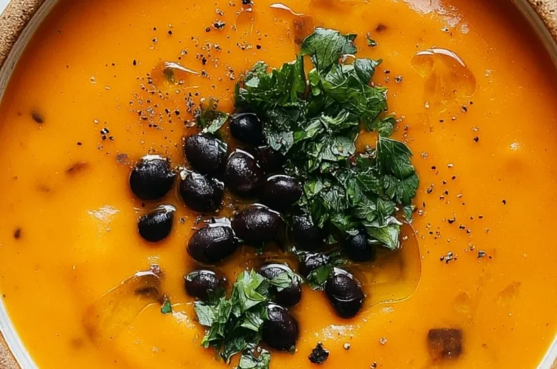 Bowl of roasted sweet potato and black bean soup topped with cilantro
