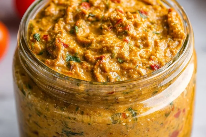 Sicilian Tomato Pesto (Pesto alla Trapanese) in a bowl with fresh ingredients.