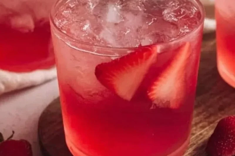 Refreshing strawberry iced tea in a glass with fresh strawberries and mint
