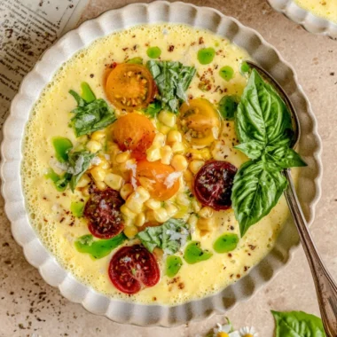Bowl of fresh Sweet Corn Gazpacho garnished with herbs and vegetables.