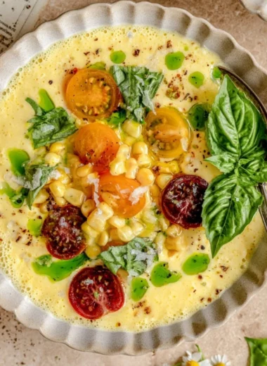 Bowl of fresh Sweet Corn Gazpacho garnished with herbs and vegetables.