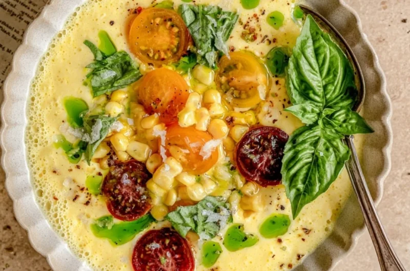 Bowl of fresh Sweet Corn Gazpacho garnished with herbs and vegetables.