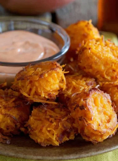Crispy sweet potato tots served on a plate with dipping sauce