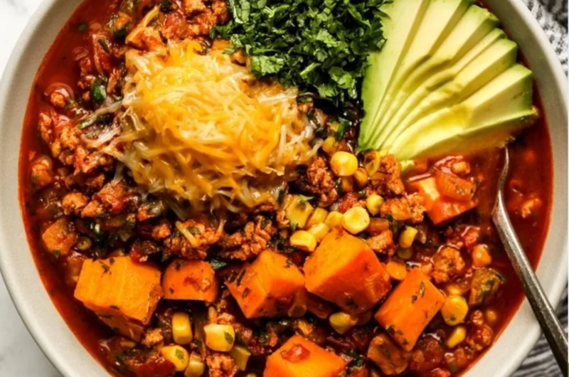 Bowl of hearty sweet potato turkey chili topped with cilantro and avocado.