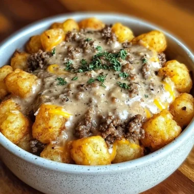Tater Tot Breakfast Bowl with Sausage Gravy, a hearty breakfast dish