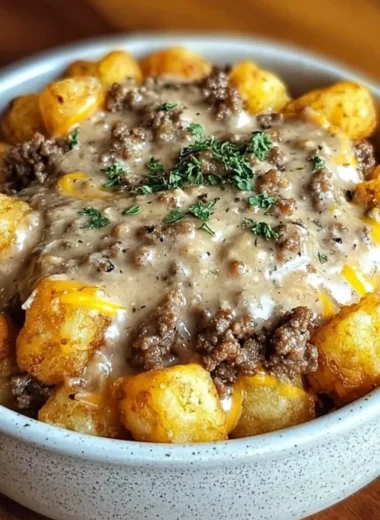 Tater Tot Breakfast Bowl with Sausage Gravy, a hearty breakfast dish