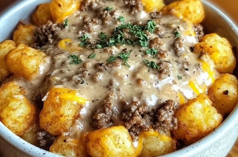 Tater Tot Breakfast Bowl with Sausage Gravy, a hearty breakfast dish