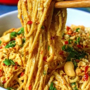 Delicious bowl of Thai Peanut Noodles topped with fresh herbs and vegetables