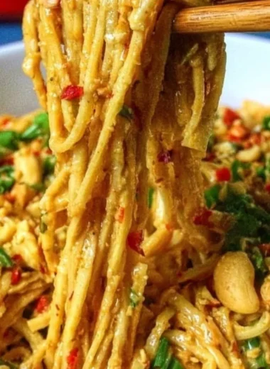 Delicious bowl of Thai Peanut Noodles topped with fresh herbs and vegetables