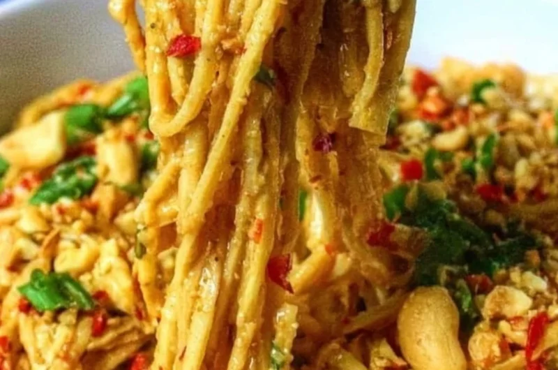 Delicious bowl of Thai Peanut Noodles topped with fresh herbs and vegetables