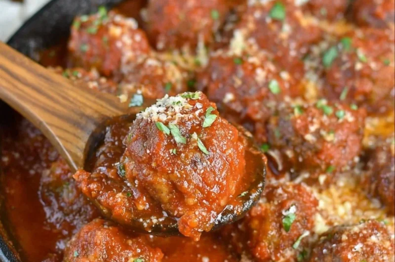 Deliciously cooked Italian meatballs served with pasta and sauce.