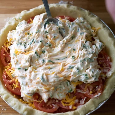 Homemade Tomato Pie served on a plate with fresh herbs and cheese