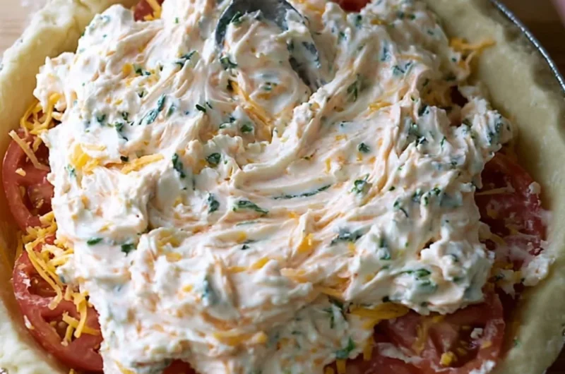 Homemade Tomato Pie served on a plate with fresh herbs and cheese