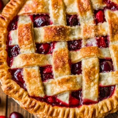 Slice of ultimate cherry pie with vibrant cherries and flaky crust on a plate