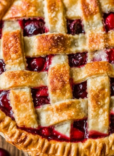 Slice of ultimate cherry pie with vibrant cherries and flaky crust on a plate