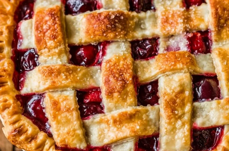 Slice of ultimate cherry pie with vibrant cherries and flaky crust on a plate