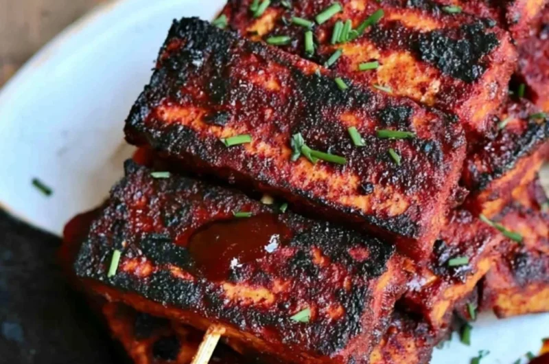 Vegan Sweet and Spicy BBQ Tofu served on a plate with colorful vegetables