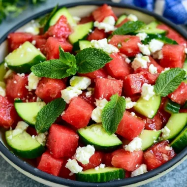 Fresh and colorful watermelon salad with mint and feta cheese