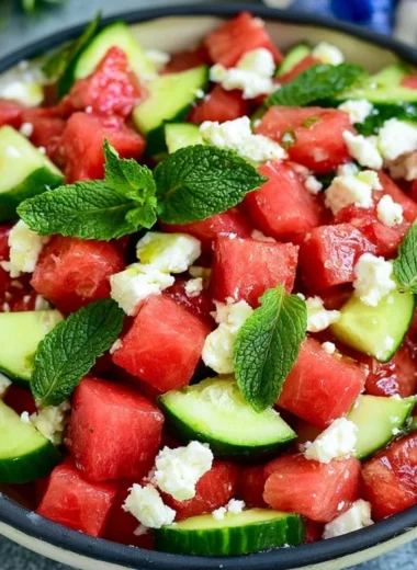 Fresh and colorful watermelon salad with mint and feta cheese