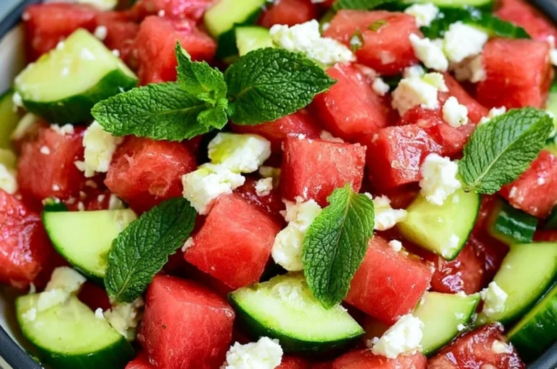 Fresh and colorful watermelon salad with mint and feta cheese