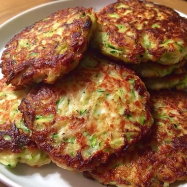 Crispy homemade zucchini patties served on a plate with dipping sauce.