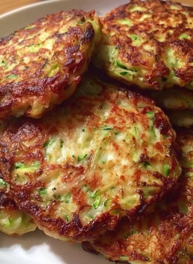 Crispy homemade zucchini patties served on a plate with dipping sauce.
