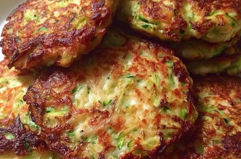 Crispy homemade zucchini patties served on a plate with dipping sauce.