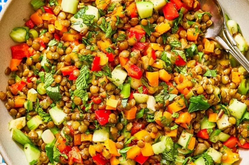 Delicious Mediterranean lentil salad with fresh vegetables and herbs