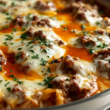 Delicious unstuffed ground beef cabbage roll casserole in a baking dish