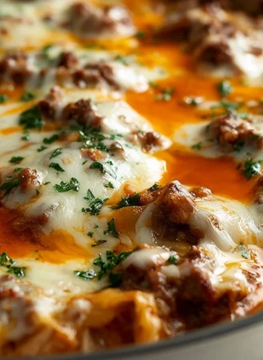 Delicious unstuffed ground beef cabbage roll casserole in a baking dish