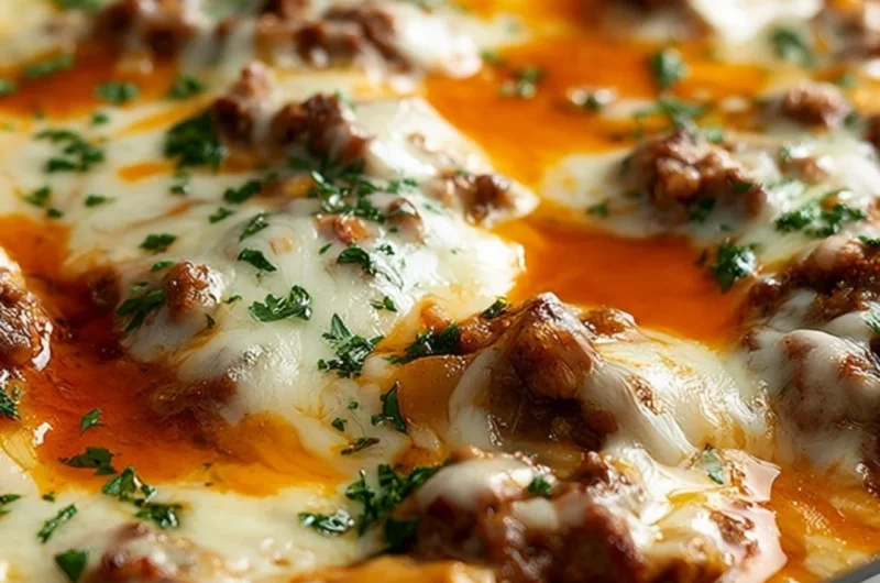 Delicious unstuffed ground beef cabbage roll casserole in a baking dish