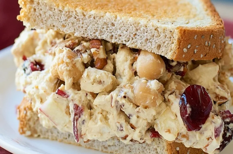 A vibrant Apple Pecan Chickpea Salad Sandwich on whole grain bread