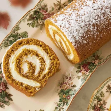 Delicious classic pumpkin roll with cream cheese filling and spiced cake on a plate.