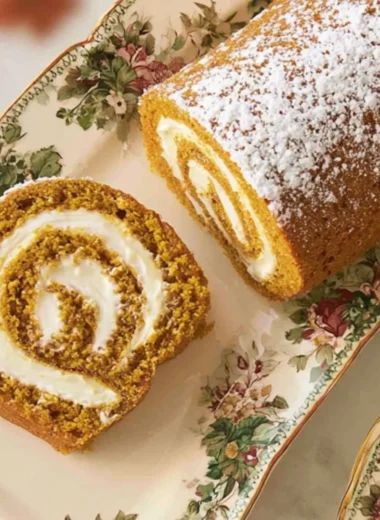 Delicious classic pumpkin roll with cream cheese filling and spiced cake on a plate.