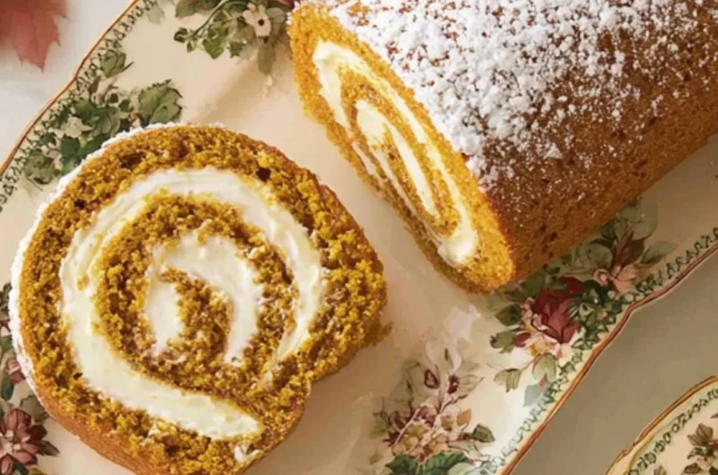 Delicious classic pumpkin roll with cream cheese filling and spiced cake on a plate.