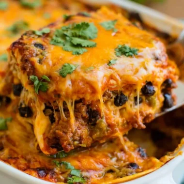 Cozy Beef Enchilada Casserole filled with savory beef, cheese, and tortillas.