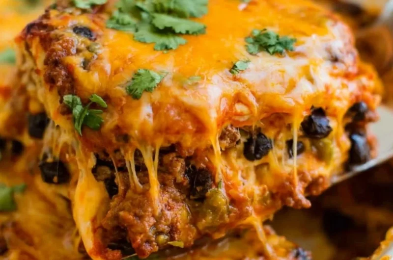 Cozy Beef Enchilada Casserole filled with savory beef, cheese, and tortillas.