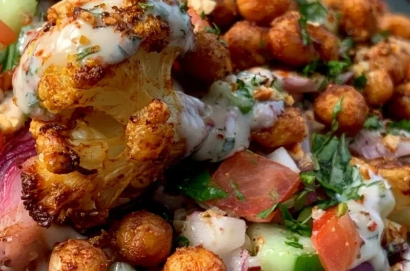 Cozy Cauliflower Shawarma Bowl garnished with fresh vegetables and sauce
