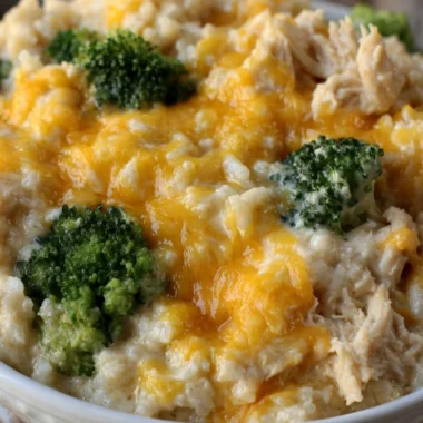 Cozy cheesy broccoli chicken and rice casserole baked to perfection