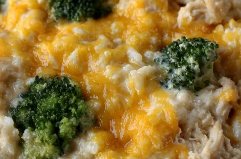 Cozy cheesy broccoli chicken and rice casserole baked to perfection