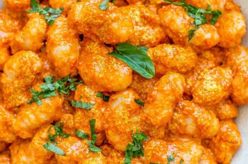 Cozy gnocchi in garlic cream tomato sauce served in a bowl garnished with herbs.