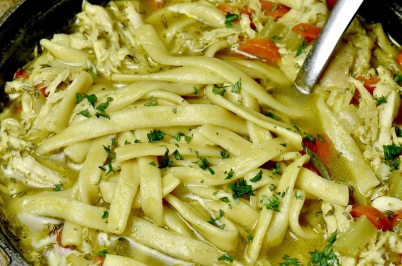 Bowl of cozy homemade chicken noodle soup with fresh vegetables and herbs