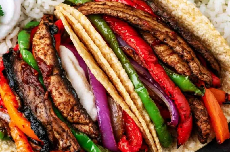Cozy Portobello vegan fajitas served with colorful peppers and onions.