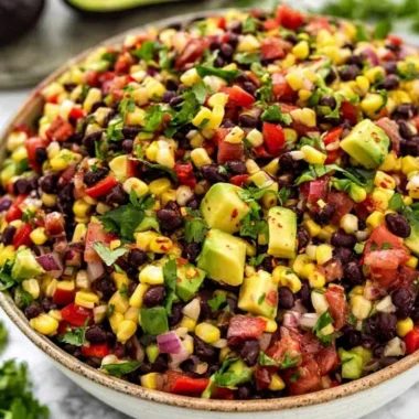 Cozy black bean and corn salad served in a bowl with fresh ingredients