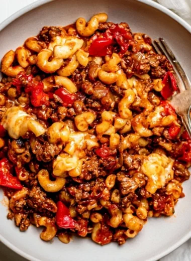 Delicious bowl of cozy slow cooker goulash with hearty ingredients