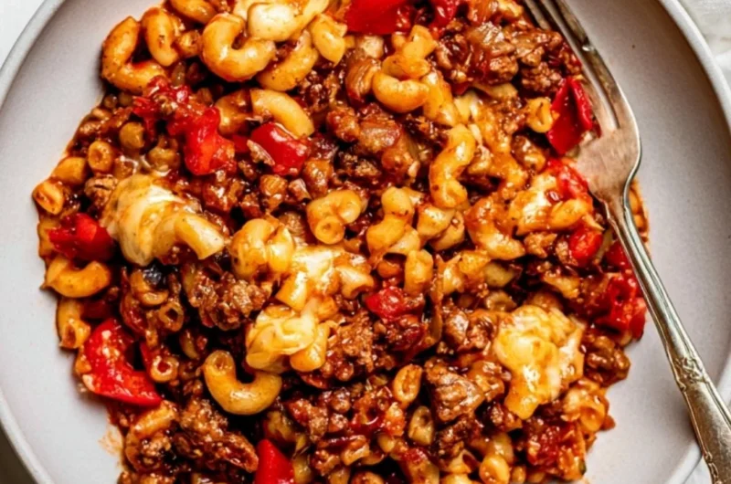Delicious bowl of cozy slow cooker goulash with hearty ingredients