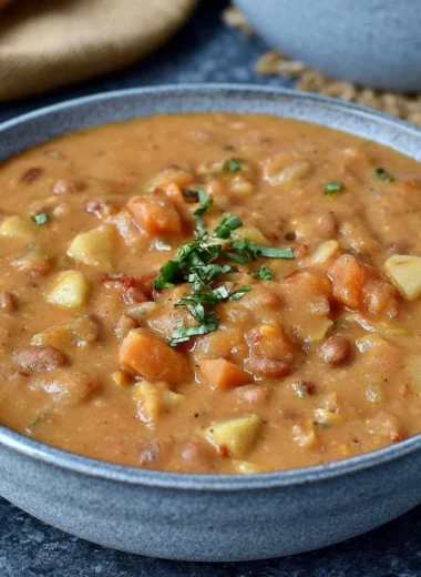 Creamy Mexican-inspired pinto bean soup in a bowl with garnishes