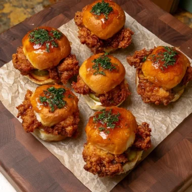 Crispy chicken sliders topped with honey ranch sauce on a wooden platter.